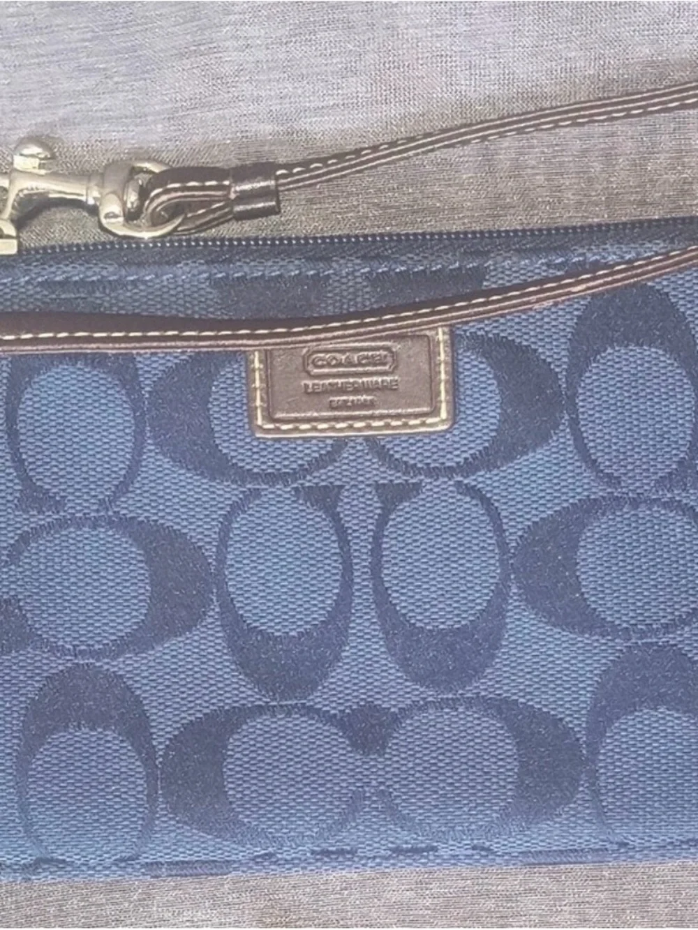 Coach Signature Navy Blue Wristlet with Leather Trim